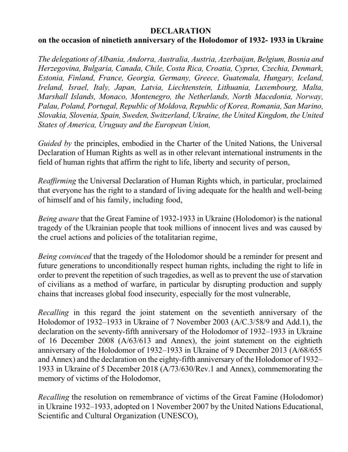Декларація до 90-х роковин Голодомору 1932–1933 років. Документ: Twitter/Dmytro Kuleba