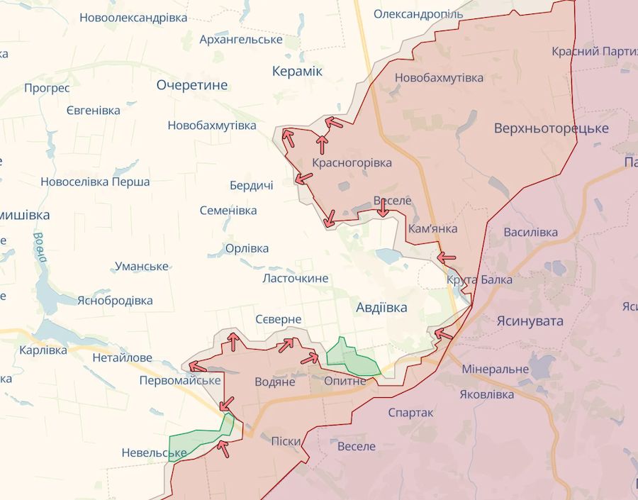 У районі Авдіївки російські окупанти атакували поблизу шести населених пунктів. Фото: deepstatemap.live