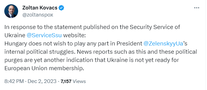Скриншот сообщения представителя правительства Венгрии Золтана Ковача