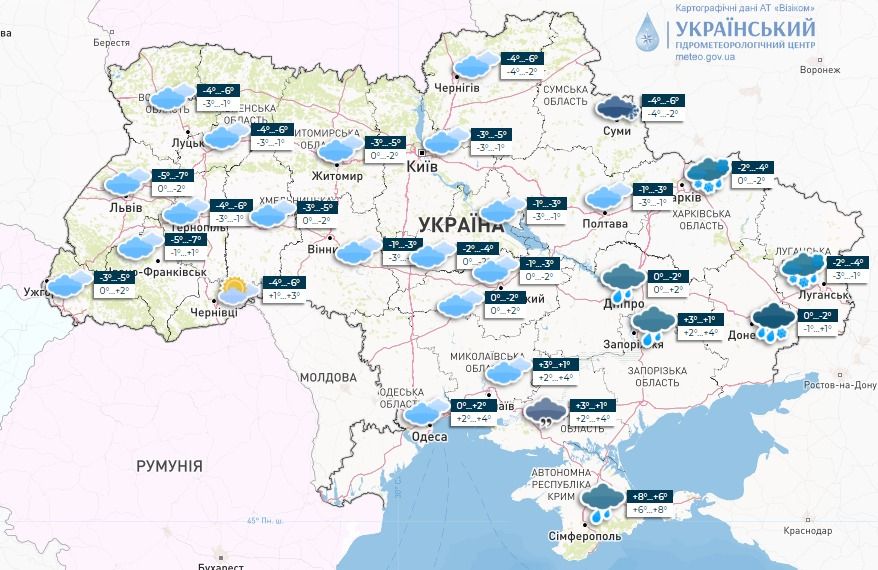 Прогноз погоди в Україні 9 грудня. Карта: Укргідрометцентр

