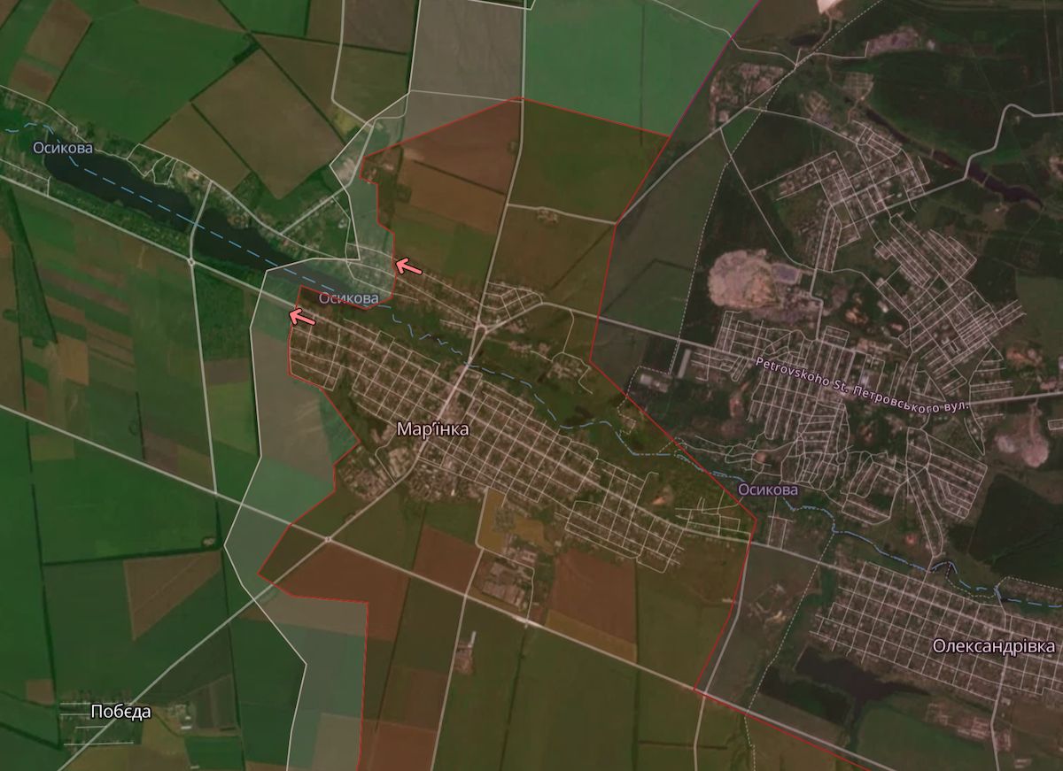 Приблизна лінія фронту в районі Мар'їнки Донецької області. Фото: deepstatemap.live