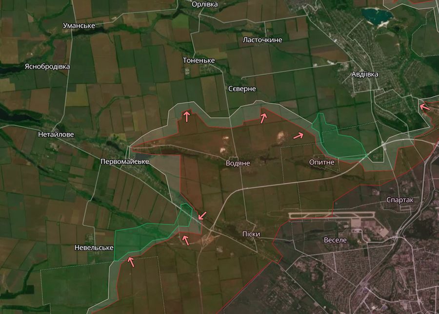 Приблизна лінія фронту на південному фланзі Авдіївки. Фото: deepstatemap.live