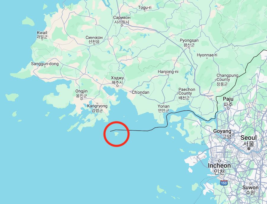Південнокорейські острови Йонпхьондо та Пенньондо. Фото: Google Maps