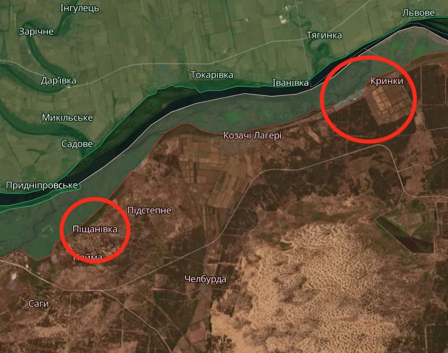 За інформацією ISW, українські військові утримують позиції поблизу сіл Кринки та Піщанівка. Фото: deepstatemap.live