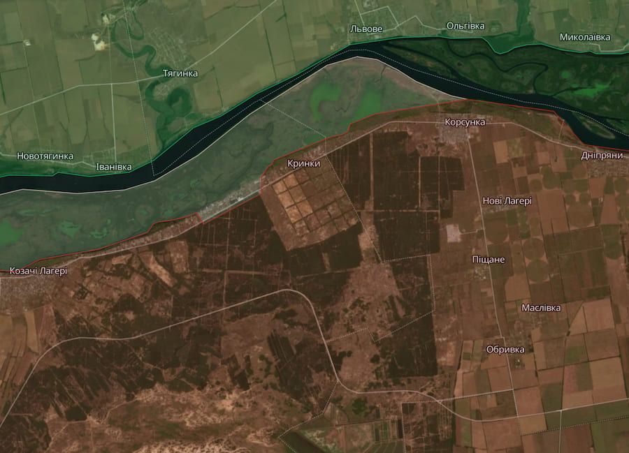 Росіяни спорудили нову лінію оборони вздовж дороги на південь від Кринок. Фото: deepstatemap.live