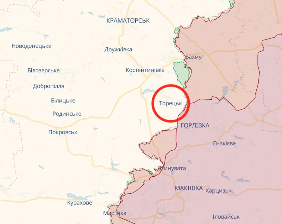Російські війська обстріляли Торецьк на Донеччині. Фото: deepstatemap.live