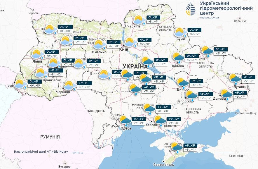 Прогноз погоди в Україні на 15 березня. Карта: Укргідрометцентр

