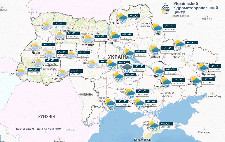 Прогноз погоди в Україні на 26 березня. Карта: Укргідрометцентр


