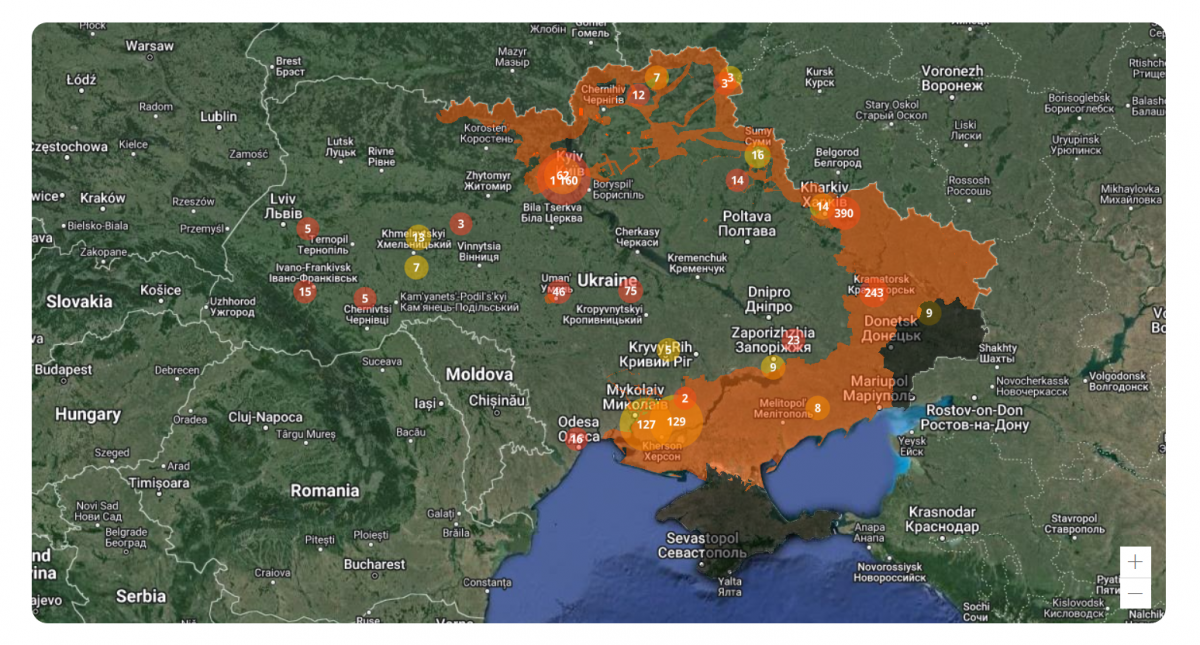 Interactive map of areas that could potentially be contaminated by explosive objects. Screenshot: Service of mine countermeasures of the State Emergency Service