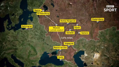 BBC опублікувала відеоанонс міст чемпіонату світу-2018, в якому анексований Крим зображений як частина Росії. Скріншот відео ВВС
