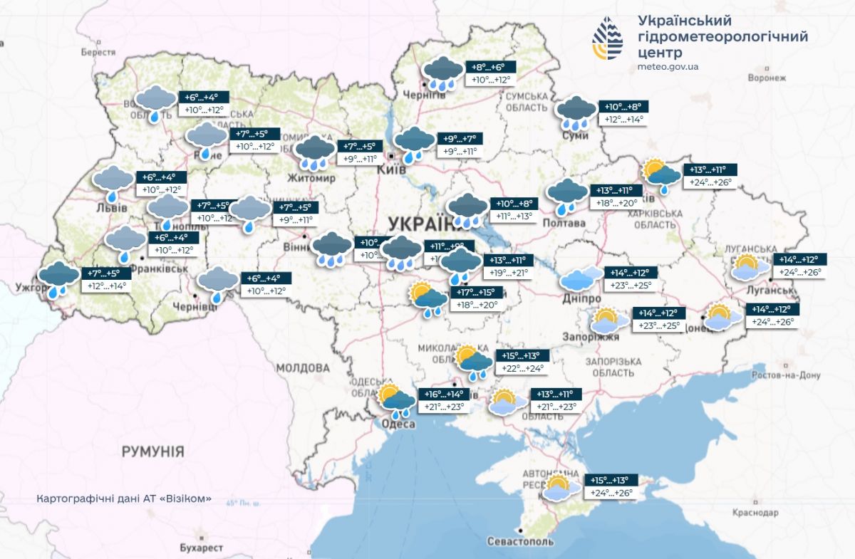 Прогноз погоди в Україні на 17 квітня. Карта: Укргідрометцентр

