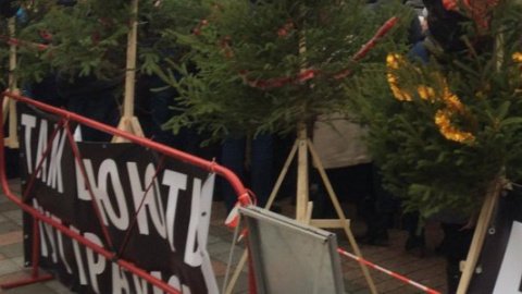Під Раду принесли ялинки з головами корів на верхівках