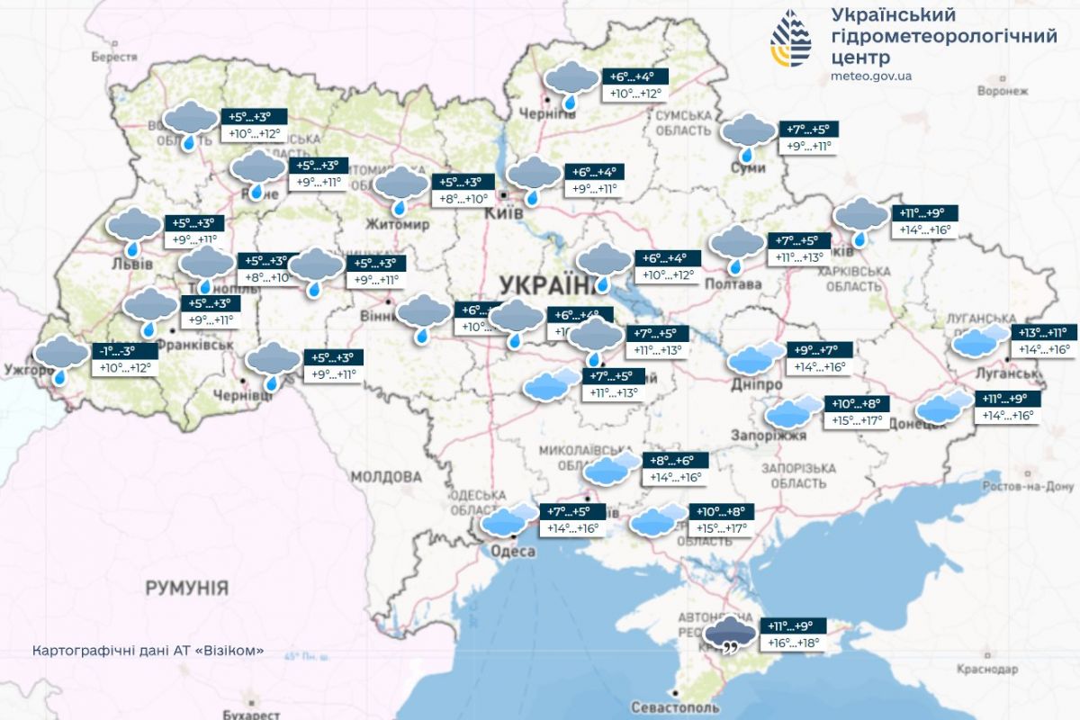 Прогноз погоди в Україні на 19 квітня. Карта: Укргідрометцентр

