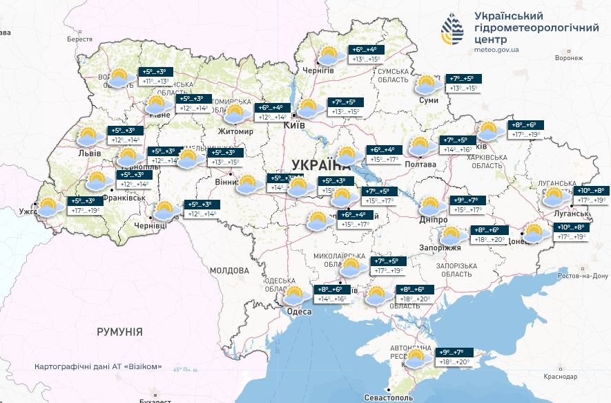 Прогноз погоди в Україні на 23 квітня. Карта: Укргідрометцентр

