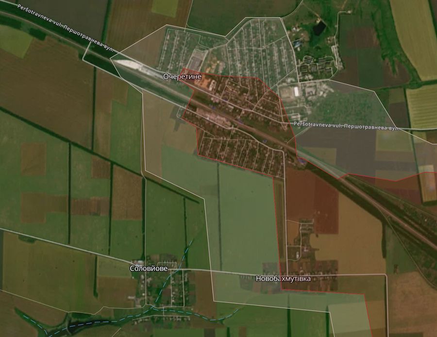 Приблизна лінія бойового зіткнення в районі селища Очеретине. Фото: deepstatemap.live