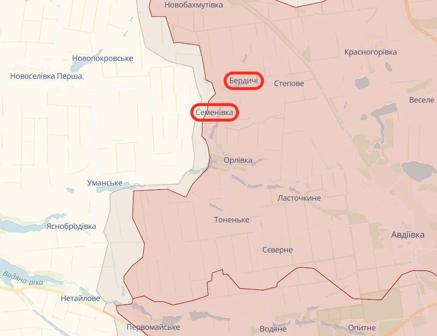 ЗСУ відійшли на захід від населених пунктів Бердичі та Семенівка. Фото: deepstatemap.live