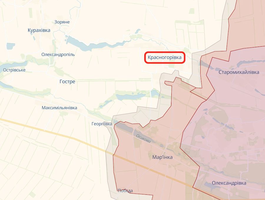 Приблизна лінія фронту в районі Красногорівки. Фото: deepstatemap.live