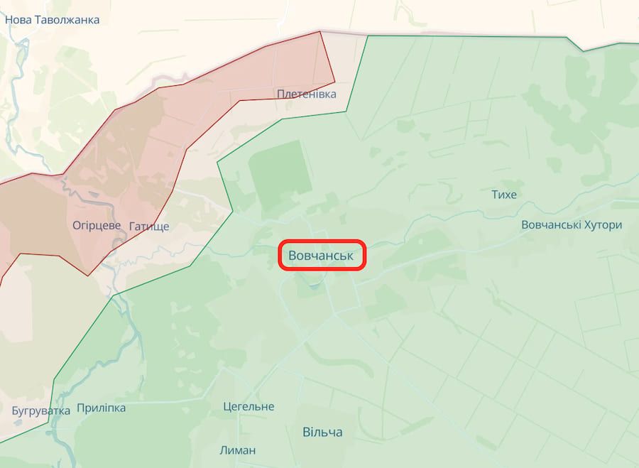 Приблизна лінія фронту в районі Вовчанська на думку аналітиків DeepState. Фото: deepstatemap.live