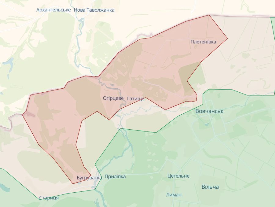 Приблизна лінія фронту поблизу Вовчанська станом на ранок 15 травня. Фото: deepstatemap.live
