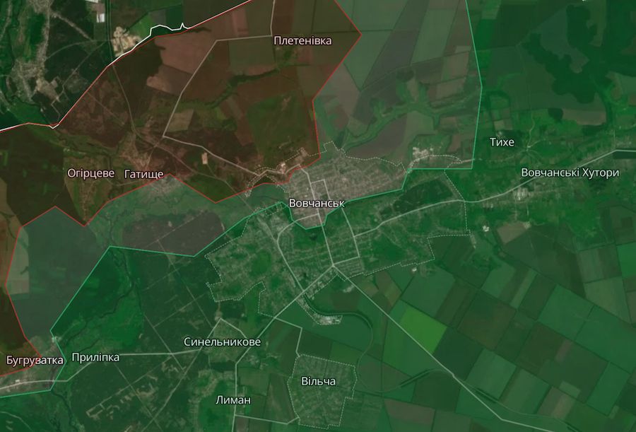 Приблизна лінія фронту в районі Вовчанська на думку аналітиків DeepState. Фото: deepstatemap.live