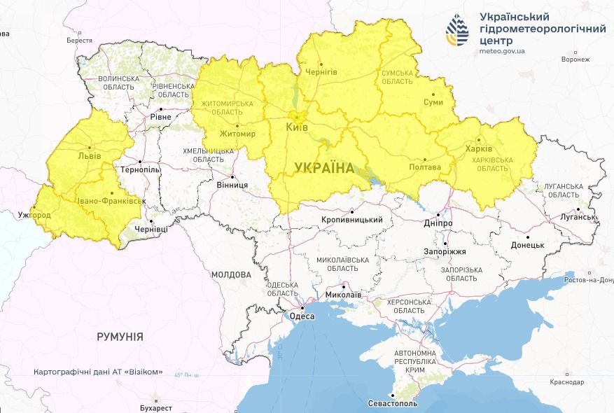 Штормове попередження. Карта: Укргідрометцентр

