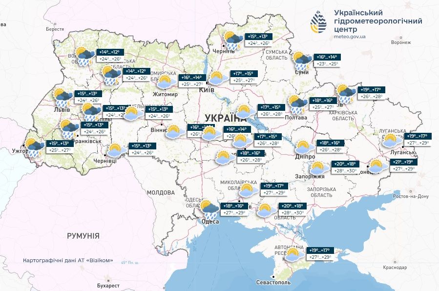 Прогноз погоди в Україні на 6 червня. Карта: Укргідрометцентр


