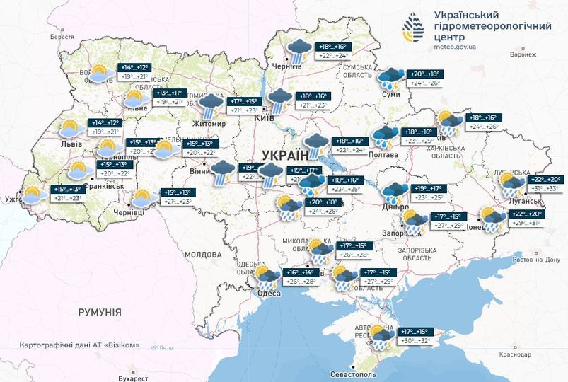Прогноз погоди в Україні на 12 червня. Карта: Укргідрометцентр

