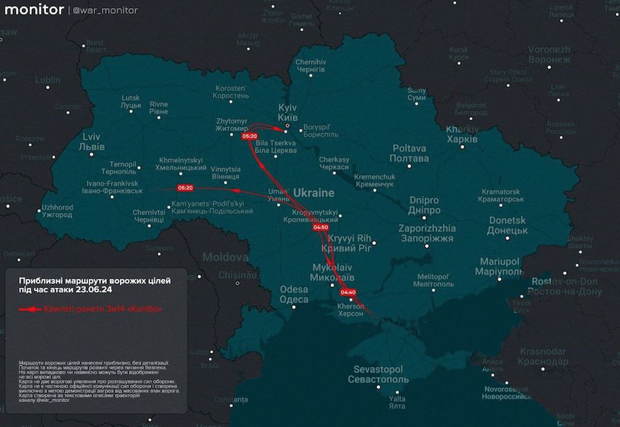 The approximate route of the Kalibr missiles during the attack on June 23. Photo: t.me/war_monitor