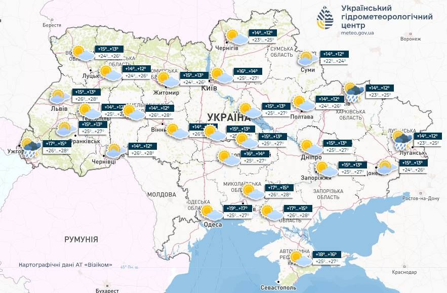 Прогноз погоди в Україні на 26 червня. Карта: Укргідрометцентр

