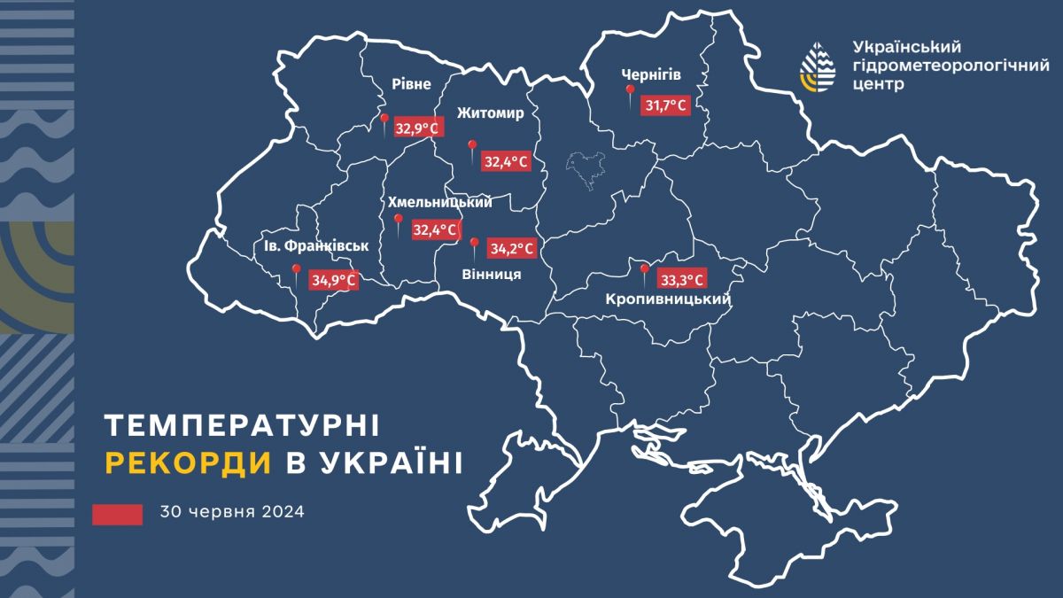 Температурні рекорди в Україні 30 червня. Карта: Укргідрометцентр