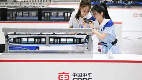 People visit the booth of China Railway Rolling Stock Corporation (CRRC) at the World Intelligence Expo 2024 in north China's Tianjin. Photo by Xinhua/Sun Fanyue.