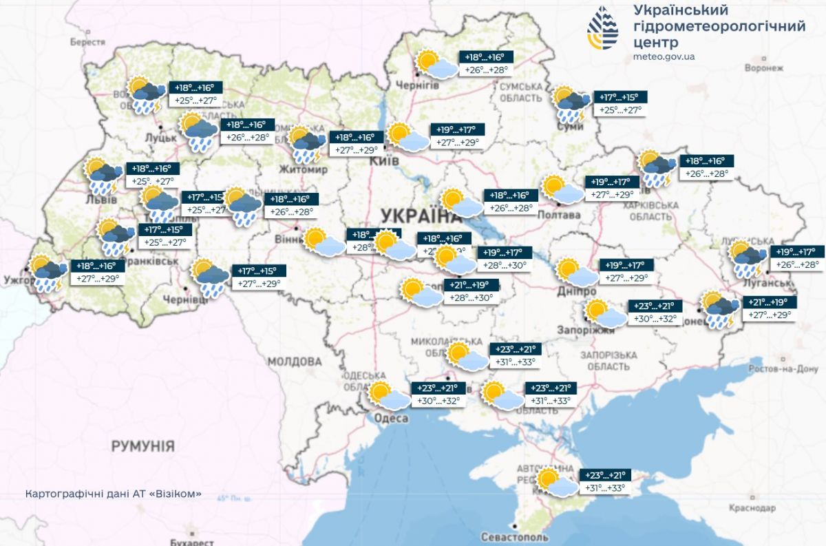 Прогноз погоди в Україні на 23 липня. Карта: Укргідрометцентр

