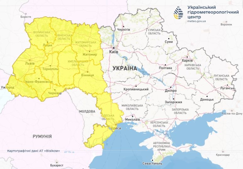 Штормове попередження 25 липня. Карта: Укргідрометцентр


