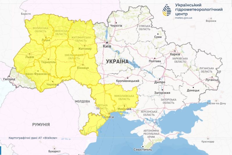 Штормове попередження 26 липня. Карта: Укргідрометцентр

