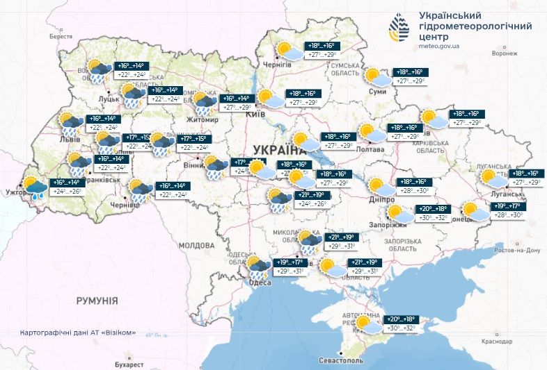 Прогноз погоди в Україні на 26 липня. Карта: Укргідрометцентр

