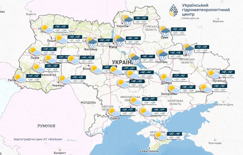 Прогноз погоди в Україні на 30 липня. Карта: Укргідрометцентр

