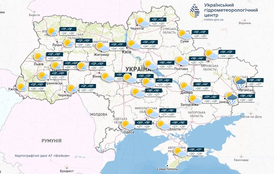 Прогноз погоди в Україні на 31 липня. Карта: Укргідрометцентр

