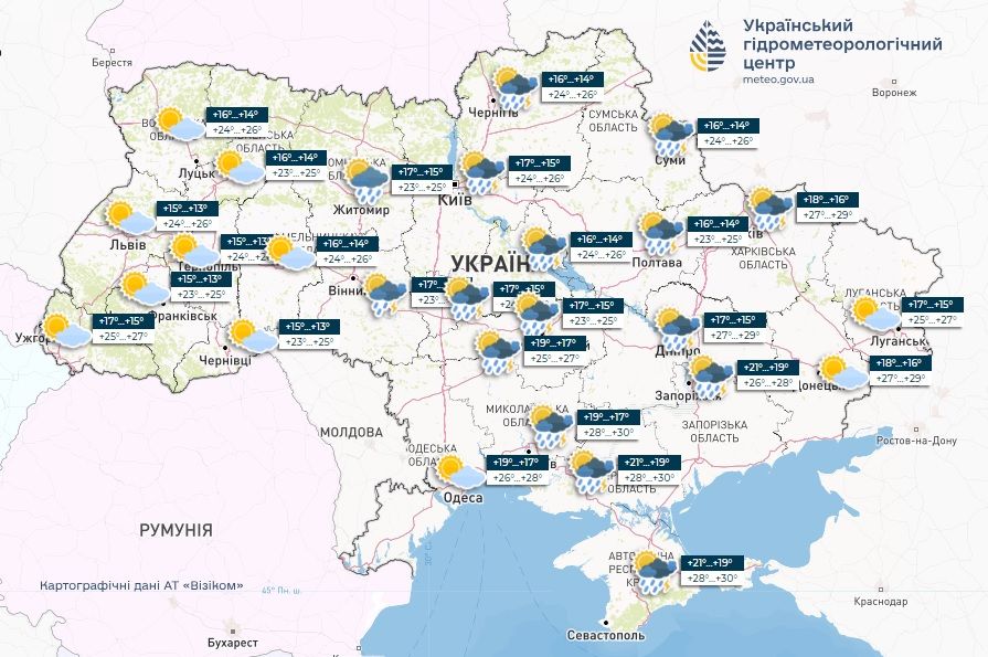 Прогноз погоди в Україні на 7 серпня. Карта: Укргідрометцентр

