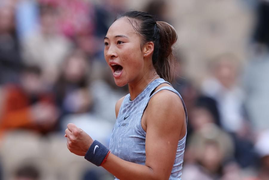 Zheng Qinwen reacts while competing against Elina Avanesyan of Russia during the women's singles third round match at the French Open tennis tournament at Roland Garros in Paris, France on June 1, 2024. (Xinhua/Gao Jing)