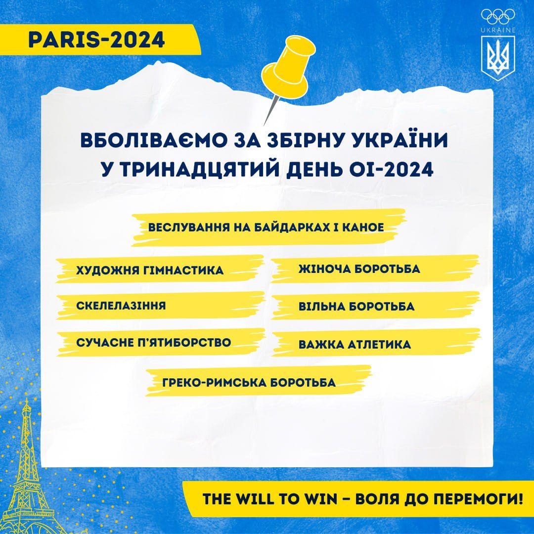 Олімпіада-2024, розклад 13 дня. Інфографіка: НОК України