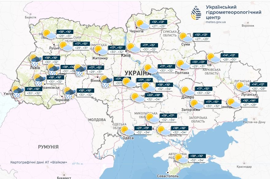 Прогноз погоди в Україні на 17 серпня. Карта: Укргідрометцентр

