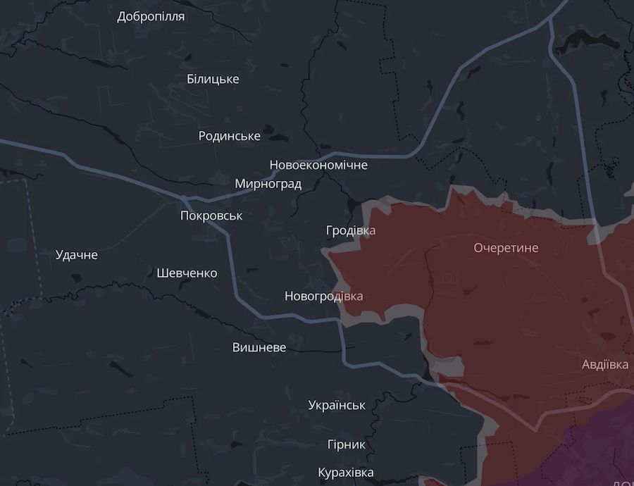 The approximate front line on the Pokrovsk axis. Screenshot of the DeepState interactive map