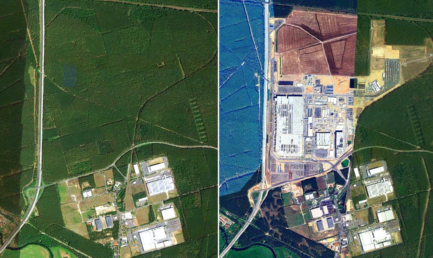 МІсцевість до будівництва (2019) та після (2023). Фото: Google Earth