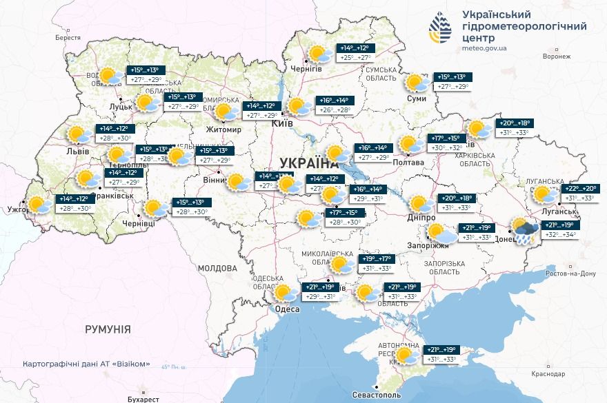 Прогноз погоди в Україні на 24 серпня. Карта: Укргідрометцентр


