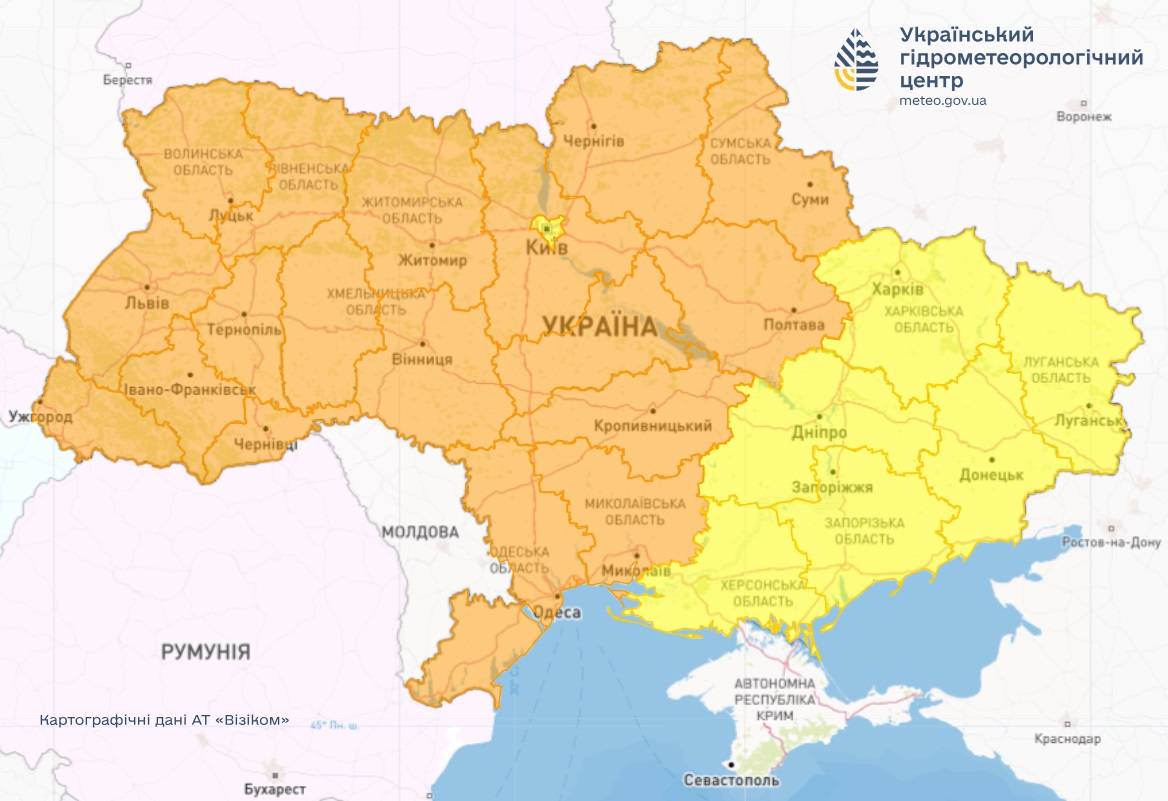 Попередження про заморозки. Карта: Укргідрометцентр