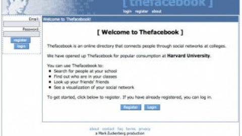 Внешний вид главной страницы Thefacebook.com 12 февраля 2004 года
