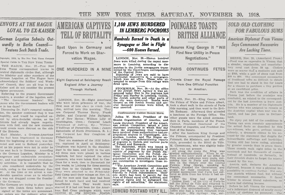 Стаття про погром у Львові у The New York Times,30 листопада 1918 року