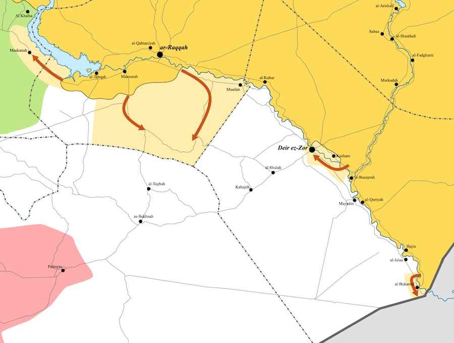 A fragment of a map of the fighting in Syria. The territories controlled by the Syrian Democratic Forces are marked in yellow. Photo: wikimedia.org