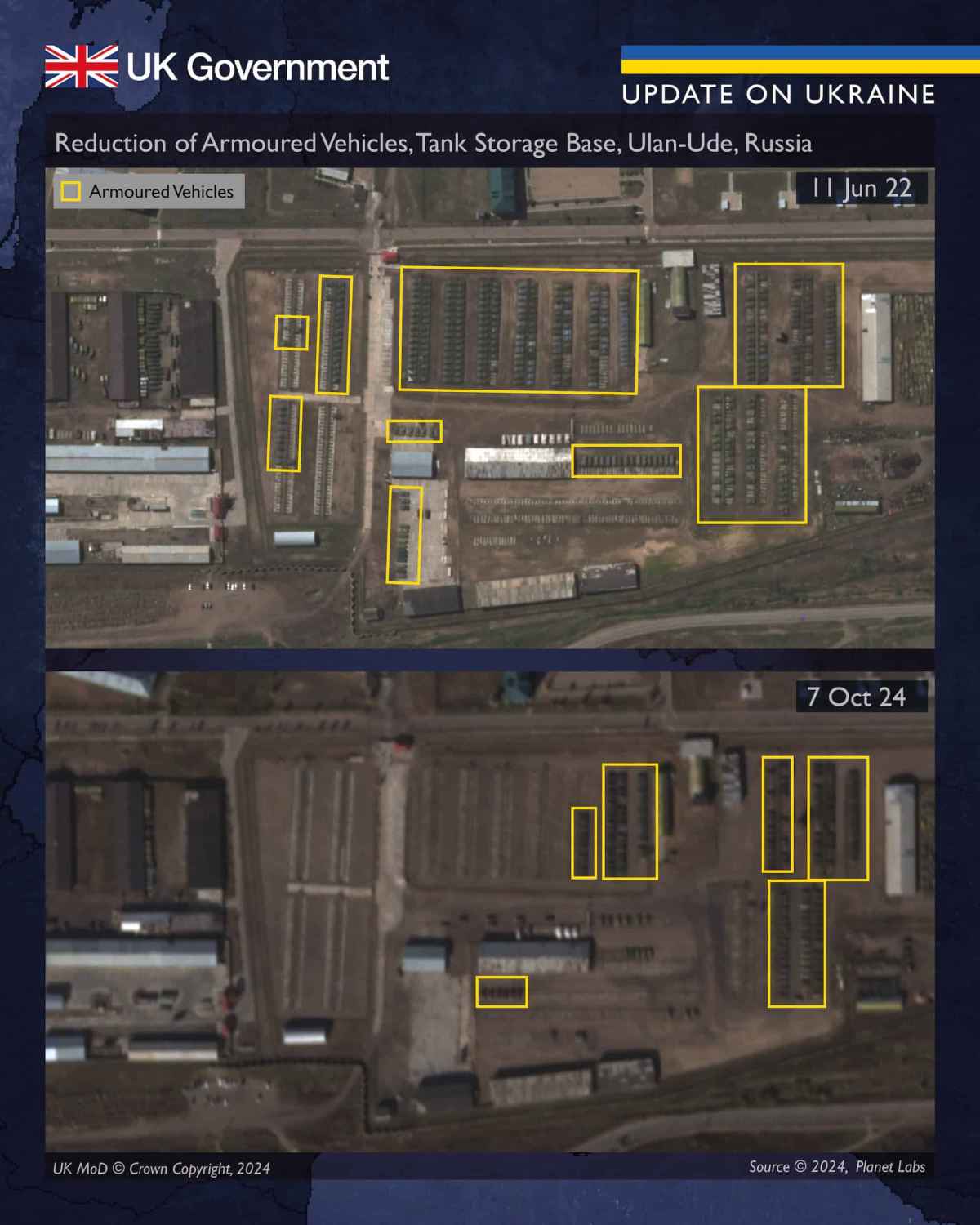 Скорочення бронетехніки, база зберігання танків, Улан-Уде, Росія. Фото: Х/DefenceHQ