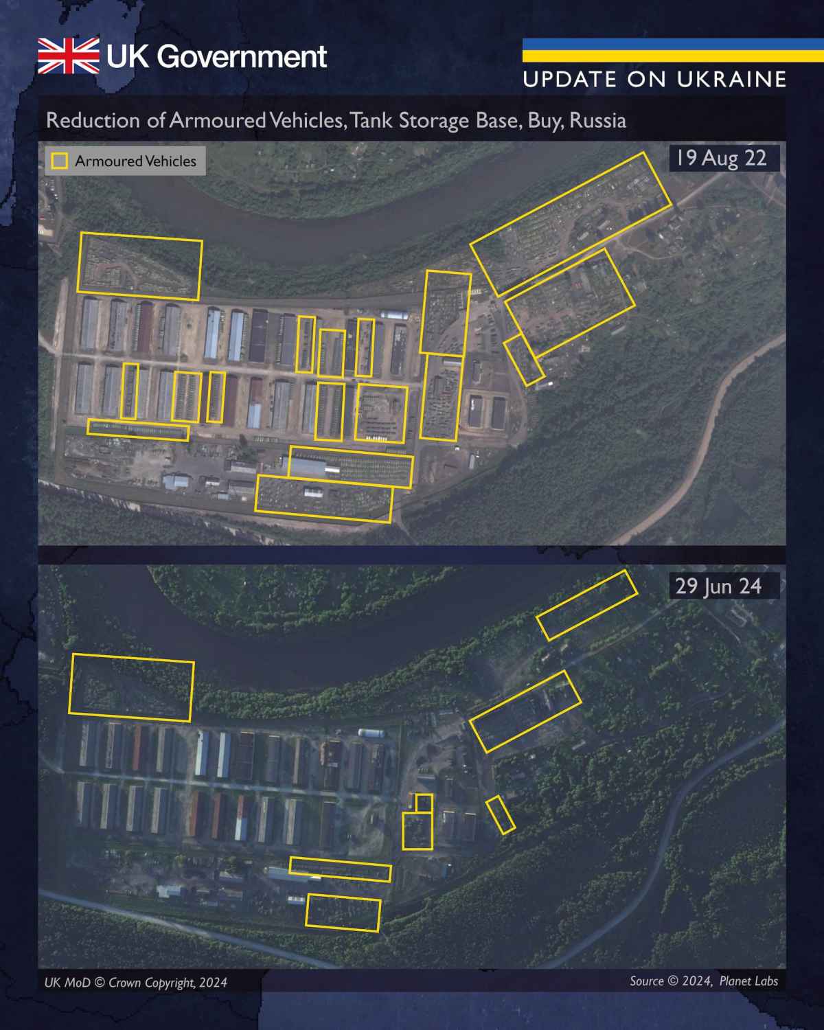 Скорочення бронетехніки, База зберігання танків, Буй, Росія.
